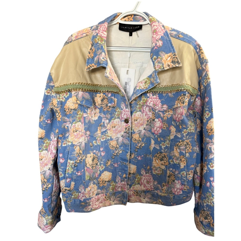 NWT Endless Rose Blue Floral Mixed Media Jacket L Blue Bohemian Playful Festival